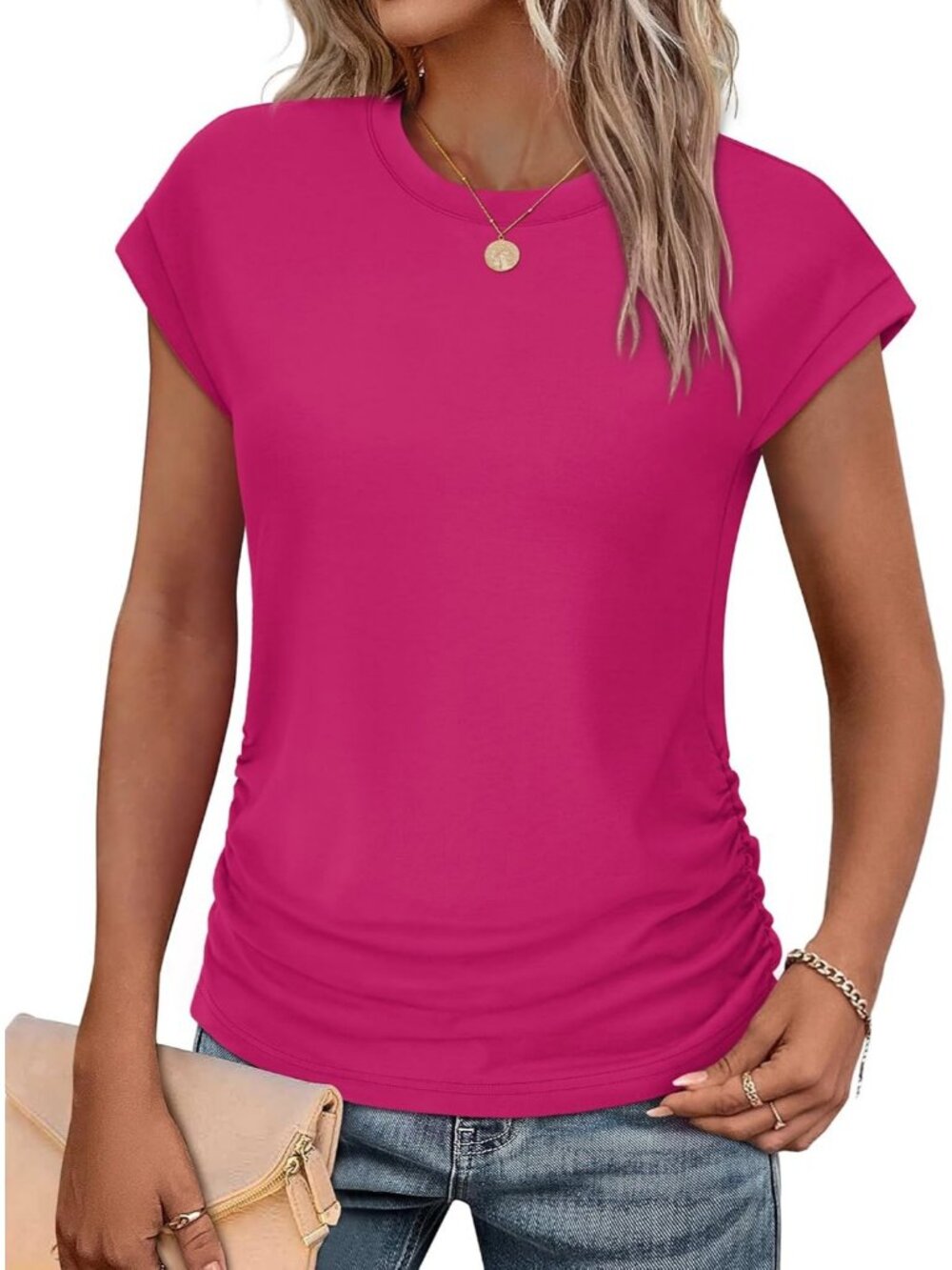 Women's Hot Pink Polyester Blend Short Sleeve Crew Neck Pull On Henley Shirts